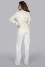 Load image into Gallery viewer, Ethereal Gold Reverie – White Satin Blazer & Trouser Ensemble