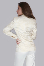 Load image into Gallery viewer, Ethereal Gold Reverie – White Satin Blazer & Trouser Ensemble
