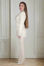 Load image into Gallery viewer, Regalia Pearl Opulence – Cream Satin Suit with Pearls & Lace