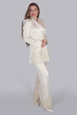 Load image into Gallery viewer, Regalia Pearl Opulence – Cream Satin Suit with Pearls & Lace
