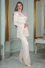 Load image into Gallery viewer, Regalia Pearl Opulence – Cream Satin Suit with Pearls & Lace