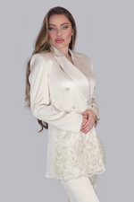 Load image into Gallery viewer, Regalia Pearl Opulence – Cream Satin Suit with Pearls & Lace