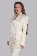 Load image into Gallery viewer, Regalia Pearl Opulence – Cream Satin Suit with Pearls & Lace