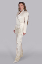 Load image into Gallery viewer, Regalia Pearl Opulence – Cream Satin Suit with Pearls & Lace