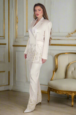 Load image into Gallery viewer, Regalia Pearl Opulence – Cream Satin Suit with Pearls & Lace
