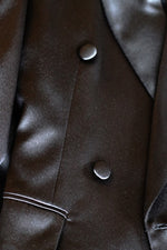 Load image into Gallery viewer, Midnight Noir Opulence – Black Satin Suit with Low-Cut Shirt & Lace Trousers