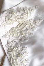 Load image into Gallery viewer, Regalia Pearl Ensemble – Cream Satin Set with Pearls & Lace