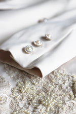 Load image into Gallery viewer, Regalia Pearl Opulence – Cream Satin Suit with Pearls & Lace