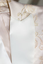 Load image into Gallery viewer, Ethereal Gold Reverie – White Satin Blazer & Trouser Ensemble