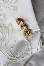 Load image into Gallery viewer, Ethereal Gold Reverie – White Satin Blazer & Trouser Ensemble