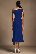 Load image into Gallery viewer, Paulina Oblique Shoulder Sleeveless Folds RoyalBlue Midi Dress