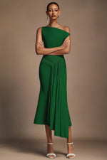 Load image into Gallery viewer, Paulina Oblique Shoulder Sleeveless Folds Green Midi Dress