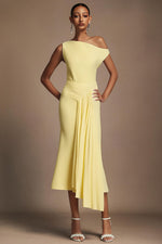 Load image into Gallery viewer, Paulina Oblique Shoulder Sleeveless Folds Yellow Midi Dress