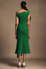 Load image into Gallery viewer, Paulina Oblique Shoulder Sleeveless Folds Green Midi Dress