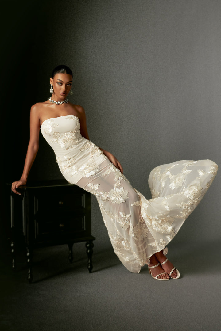 Deliyn Strapless Embroidery Flr Mesh Maxi Dress