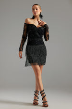 Load image into Gallery viewer, Ludia Lace Sequins Off Shoulder Fringe Mini Dress