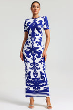 Load image into Gallery viewer, Lerae Round Neck Short Sleeve Jacquard Bandage Maxi Dress