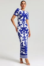Load image into Gallery viewer, Lerae Round Neck Short Sleeve Jacquard Bandage Maxi Dress