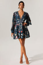 Load image into Gallery viewer, Lina V-Neck Floral Printed Long Sleeves Mini Dress