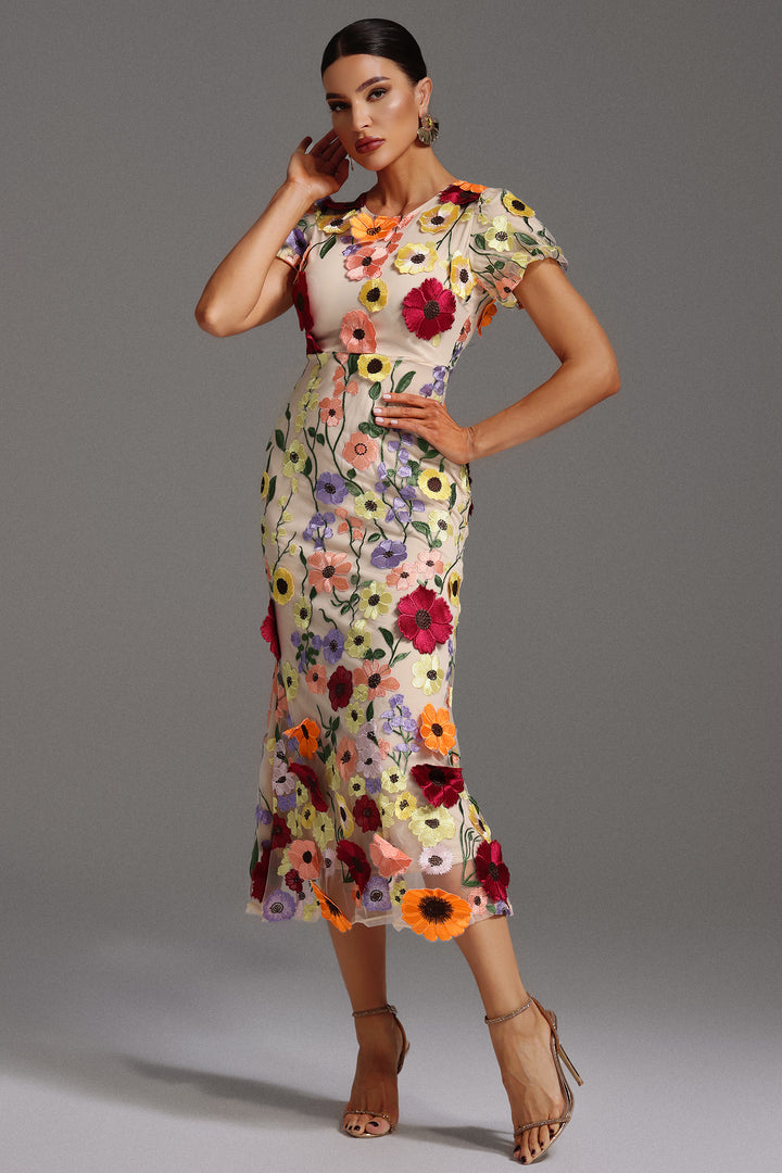 Naya Short Sleeve Round Neck Flrs Fishtail Maxi Dress