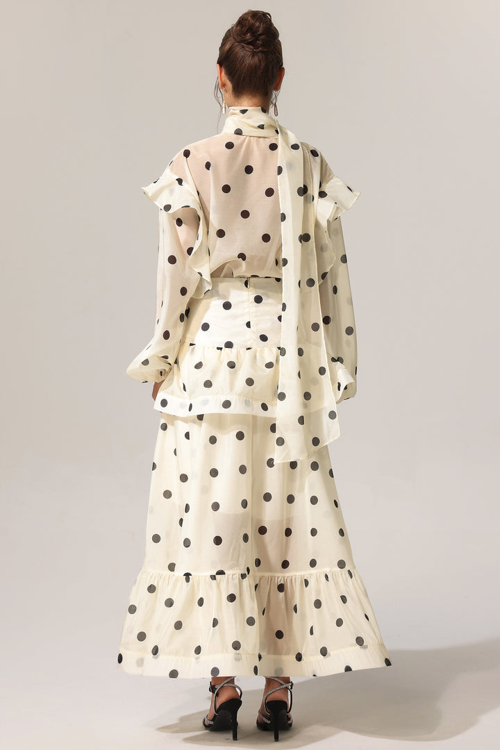 Rode Dot Printed Folds Long Sleeves Top And Skirt Two-Piece Set