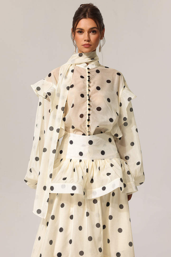 Rode Dot Printed Folds Long Sleeves Top And Skirt Two-Piece Set