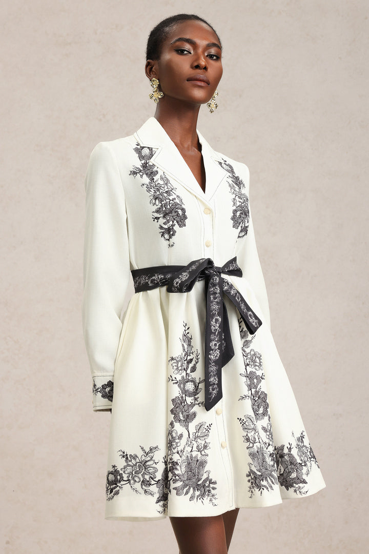 Sarah Long Sleeve Floral Printed Bowknot Shirt Mini Dress