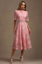 Load image into Gallery viewer, Lzada Short Sleeves Lace Hollow Out Midi Dress