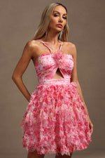 Load image into Gallery viewer, Daware Sleeveless Flower Printed Hollow Out Folds Mini Dress