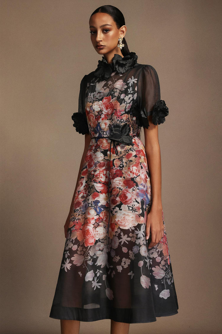 Haliya Short Sleeves Flowers Printed Midi Dress