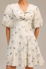 Load image into Gallery viewer, Jayne V-Neck Puff Sleeves Floral Printed Mini Dress