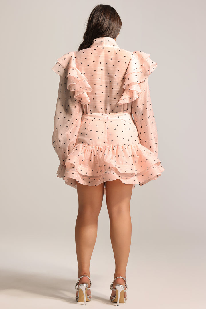 Sahara Rufflede Dot Printed Bowknot Top And Skirt Two-Piece Set
