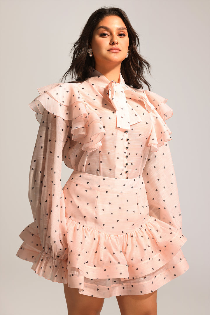 Sahara Rufflede Dot Printed Bowknot Top And Skirt Two-Piece Set
