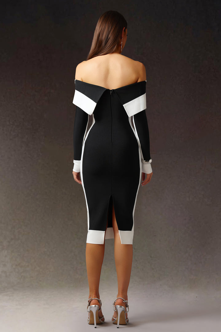 Mattey schulterfreies, langärmeliges, gestreiftes Bandage-Midikleid