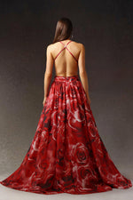 Load image into Gallery viewer, Zem Halter Sleeveless Pearl V-Neck Hollowed Out Print Slit Maxi Dress
