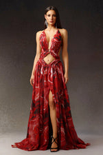 Load image into Gallery viewer, Zem Halter Sleeveless Pearl V-Neck Hollowed Out Print Slit Maxi Dress