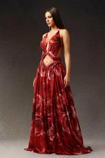 Load image into Gallery viewer, Zem Halter Sleeveless Pearl V-Neck Hollowed Out Print Slit Maxi Dress