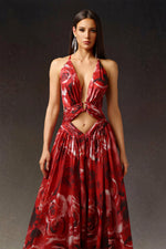 Load image into Gallery viewer, Zem Halter Sleeveless Pearl V-Neck Hollowed Out Print Slit Maxi Dress