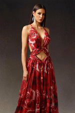 Load image into Gallery viewer, Zem Halter Sleeveless Pearl V-Neck Hollowed Out Print Slit Maxi Dress