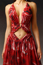 Load image into Gallery viewer, Zem Halter Sleeveless Pearl V-Neck Hollowed Out Print Slit Maxi Dress
