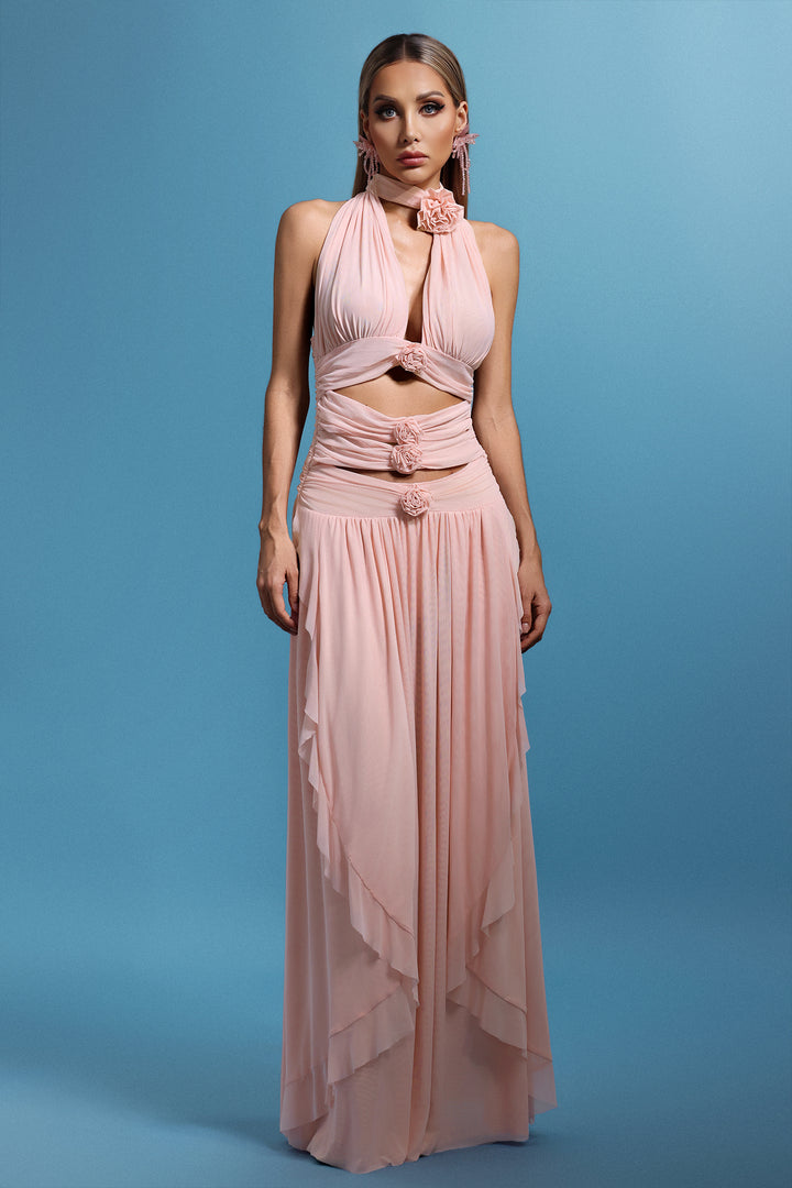 Sharian Sleevess Halter Hollowed out Flowers Maxi Dress
