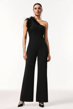 Load image into Gallery viewer, Ueza One Shoulder Sleeveless Feather Maxi Jumpsuit