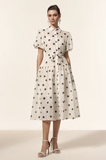 Load image into Gallery viewer, Kiera Lapel Dot Printed Puff Sleeves Midi Dress