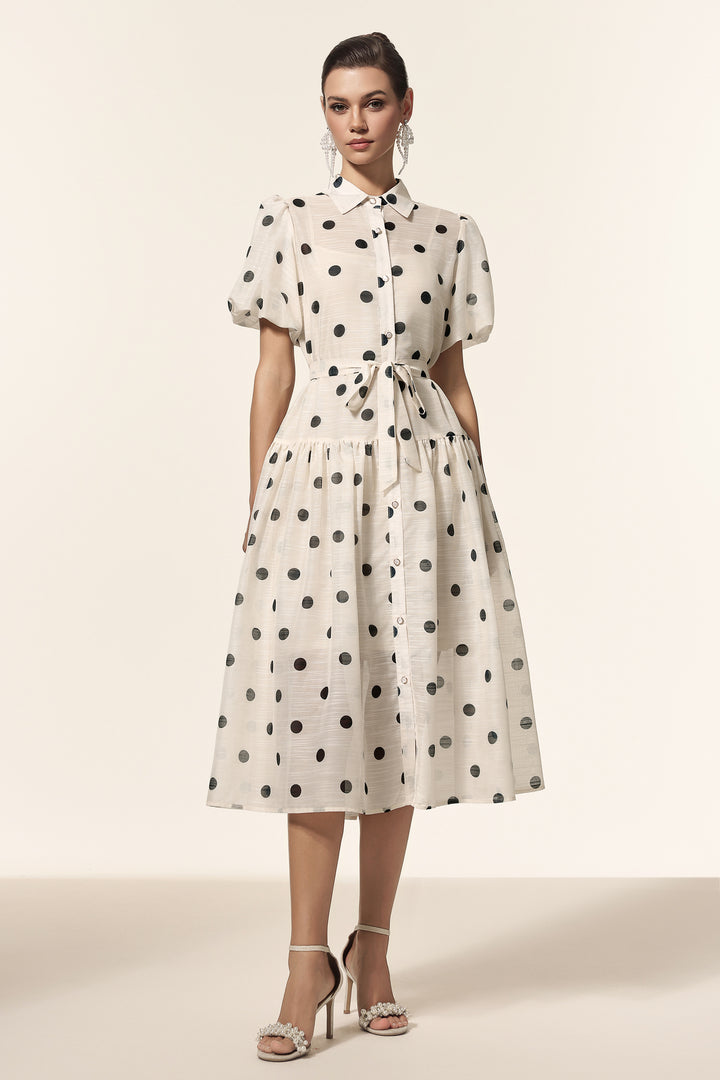 Kiera Lapel Dot Printed Puff Sleeves Midi Dress