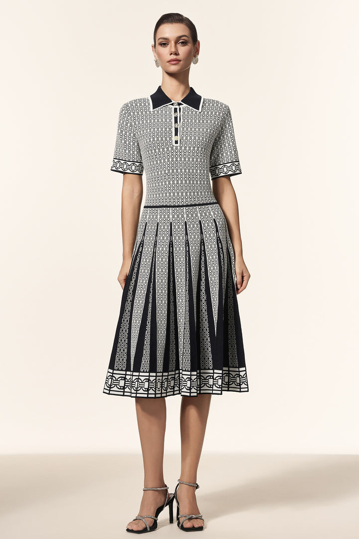 Reye Lapel Short Sleeves Jacquard Folds Mini Dress