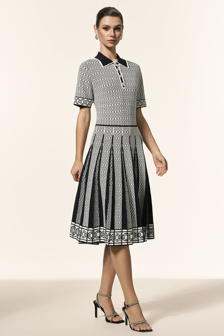 Reye Lapel Short Sleeves Jacquard Folds Mini Dress