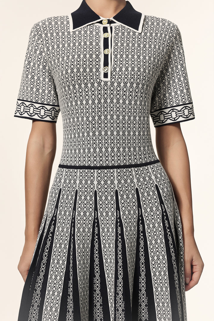 Reye Lapel Short Sleeves Jacquard Folds Mini Dress