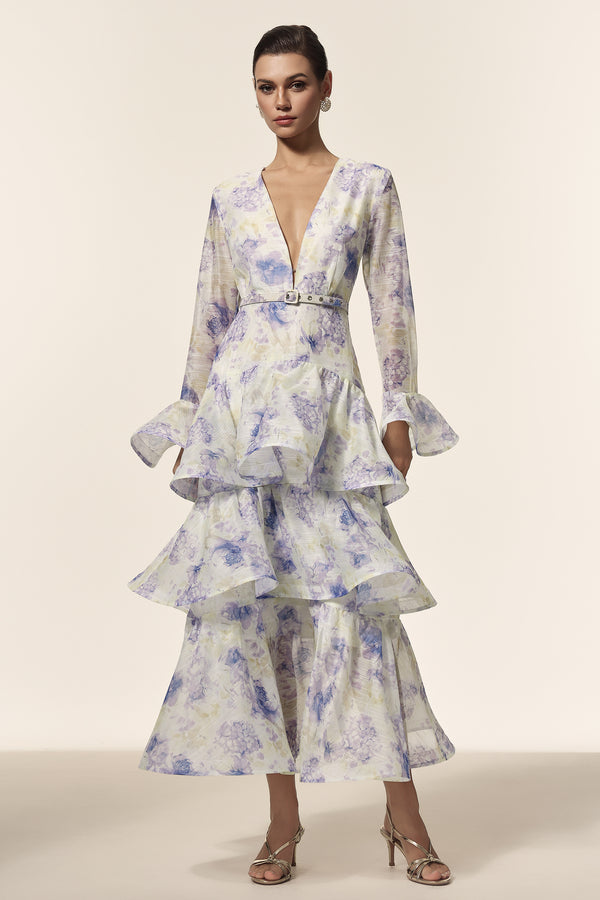Elsa Deep-V Long Sleeves Floral Printed Maxi Dress