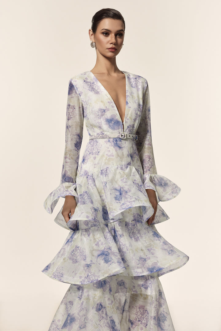 Elsa Deep-V Long Sleeves Floral Printed Maxi Dress