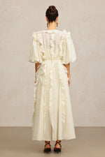 Load image into Gallery viewer, Wika V-Neck Elbow Sleeves Folds Beige Maxi Dress